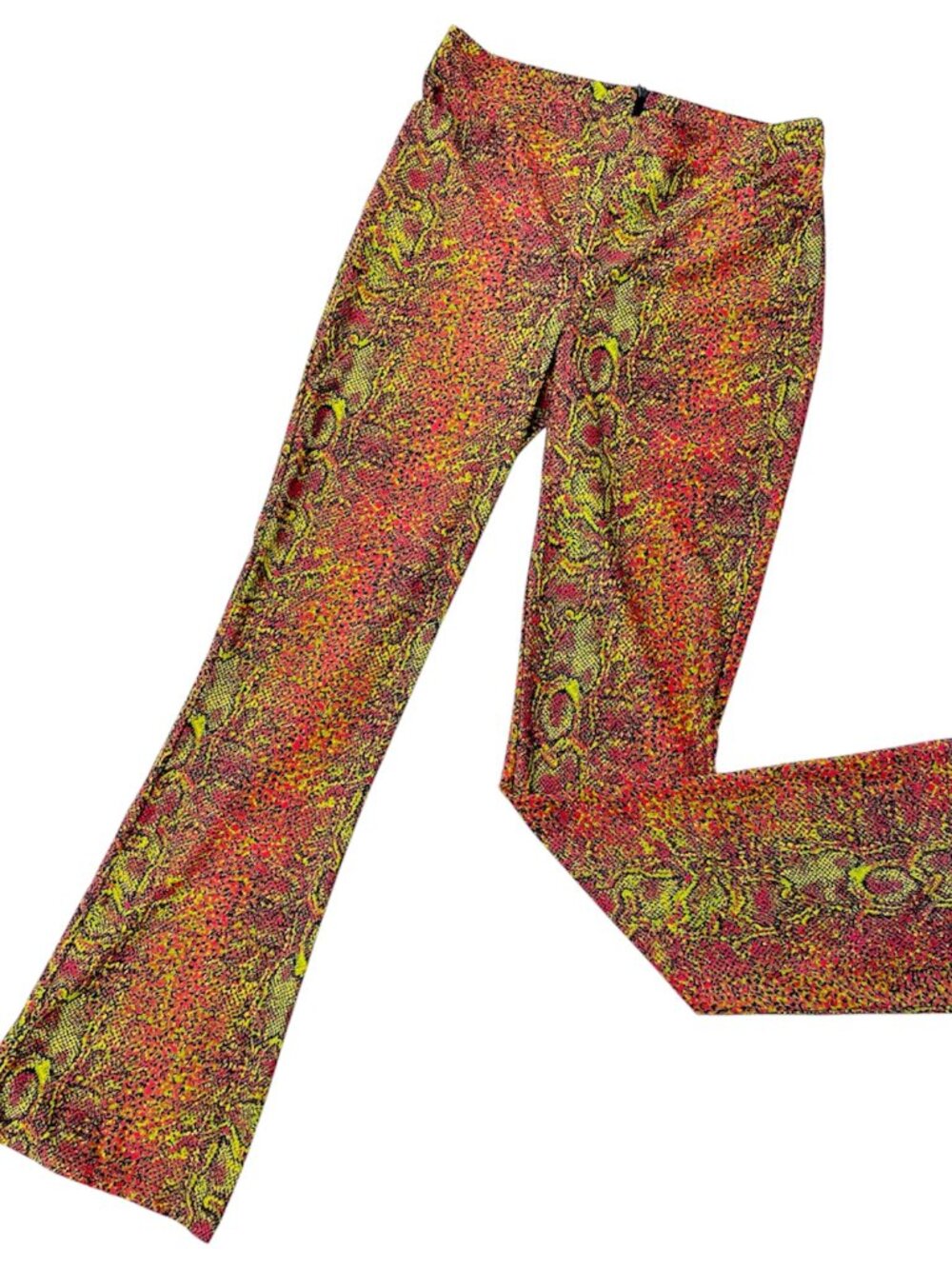 90s Y2K Vintage Betsey Johnson Snakeskin Neon Pink Green Flare Pants M